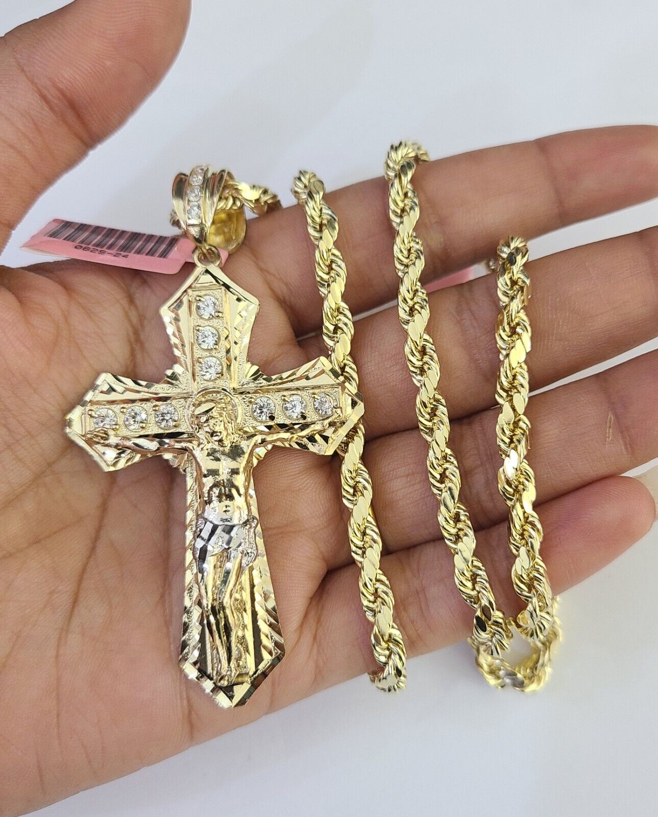Real 14k Rope Chain Jesus Cross Charm Yellow Gold Set 5mm 20" - 30" Necklace - GoldenlinQ